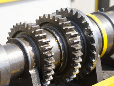 Tight macro shot of a disassembled crane gearbox, machined steel gears coated in light oil, high-contrast industrial lighting.