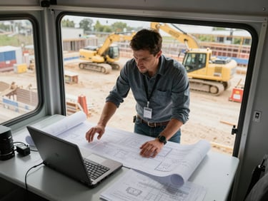 Active construction site overhead perspective, project manager reviewing plans on a ruggedized laptop at a job trailer desk, heavy equipment visible through the window, overcast natural light