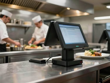 Restaurant kitchen during active service, POS terminal mounted at the pass with a cook plating dishes in the background, overhead utility lighting, stainless steel surfaces, motion in the frame