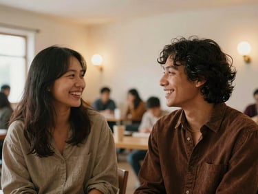 A warm, eye-level portrait of two cultural exchange participants sharing a laugh in an indoor community space, soft ambient light.