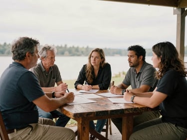 Warm editorial photography of community leaders sitting around a rustic table in Shoreline, discussing plans under soft natural overcast daylight, 35mm film look.