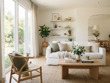 Bright editorial photography of a modern, immaculate residential living room, soft natural daylight, clean white and muted green tones, sharp focus, 35mm