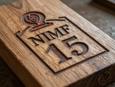 Primer plano de un sello de certificación NIMF 15 grabado a fuego sobre la madera densa de un palet, con detalles de la veta y textura rugosa bajo luz de taller.