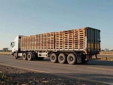 Wide-angle side view of a heavy-duty transport truck loaded with perfectly stacked wooden pallets on an Argentine highway, low horizon, direct sunlight casting long shadows.