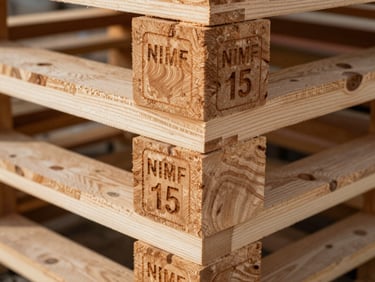 Extreme close-up of a dense native wood pallet joint, showing the heat-treatment NIMF 15 stamp clearly branded into the wood grain, raw functional sawmill lighting.