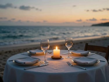Close-up atmospheric detail of a private dinner table set for two on a secluded beach, candlelight, warm golden hour tones.
