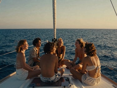 A group of friends laughing on a luxury sailboat deck during sunset, golden hour light, deep blue sea, cinematic 35mm aesthetic.
