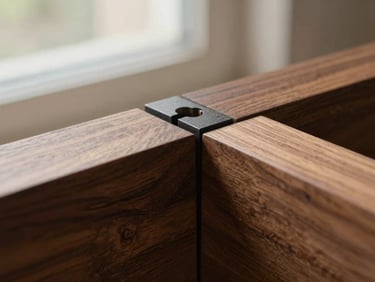 Macro shot of a mortise and tenon joint in solid walnut, rich wood grain detail, soft directional window lighting, shallow depth of field, 50mm.