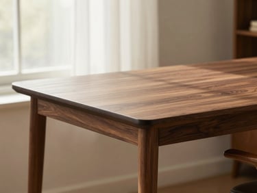warm editorial photography of a solid walnut standing desk in a sunlit residential study, soft natural window light, rich wood tones, matte charcoal accents, shallow depth of field, 50mm