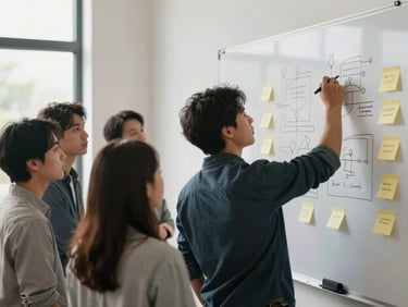 Environmental shot of a small team gathered around a whiteboard covered in sticky notes and handwritten diagrams, natural window light from the left, one person writing while others observe, sleeves rolled up