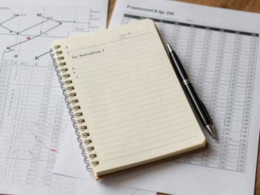 Overhead composition of a strategy planning surface — printed spreadsheets, a notepad with handwritten figures, a pen resting beside columns of data, daylight from above, no faces, clean desk environment