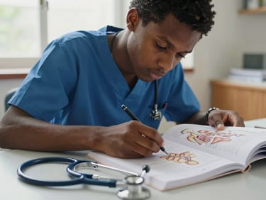 Close-up of a Haitian medical student reviewing an anatomy diagram at a desk under window light, stethoscope resting beside open textbook, natural daylight, concentration visible