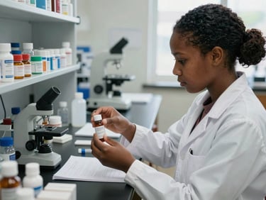 Haitian pharmacy student examining medication vials at a laboratory bench, overhead natural light, white lab coat, hands engaged with equipment, tight medium shot