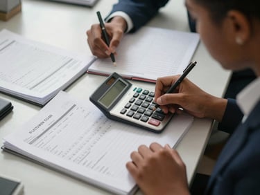 Close-up overhead shot of accounting ledgers and a calculator on a desk under diffuse natural light, hands of a student visible taking notes in a margin, institutional desk surface, Haitian student in professional attire
