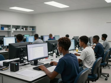 Wide medium shot of a Haitian university technology lab, students seated at workstations with monitors displaying code, overhead diffuse daylight from skylights, calm focused atmosphere, institutional white walls with equipment racks visible in the far background