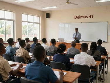 Wide shot of a university lecture hall at Delmas 41, rows of students seated with notebooks open, faculty member standing at front near a whiteboard, natural light entering through high windows on the left side, Haitian faces, formal academic setting