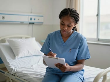 Haitian nursing student taking notes beside a hospital bed in a clinical setting, diffuse natural light from a side window, professional scrubs, focused expression, mid-shot