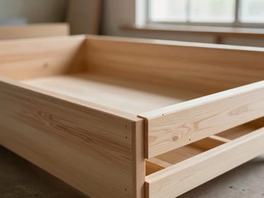 Macro shot of a solid hardwood sofa frame being assembled in a clean, sunlit factory workshop, precise joinery visible, warm editorial lighting, 35mm