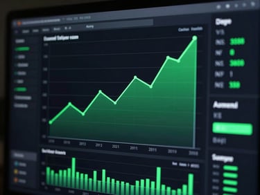 A computer monitor displaying a rising green line graph and financial data dashboard.