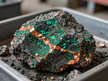 A close-up shot of raw, unrefined copper ore showing rich green and orange mineral veins, sitting in an industrial sorting tray.