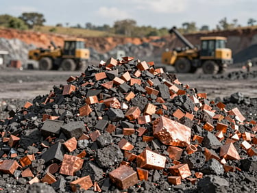 A massive pile of raw copper ore chunks inside an open-pit Zambian mine, heavy machinery blurred in the background, natural bright daylight