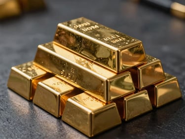 Refined gold bars stacked securely on a dark surface, dramatic golden-hour light reflecting off the metallic textures, sharp focus