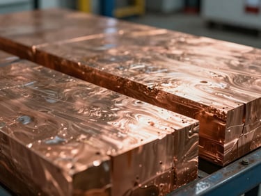 Macro close-up of refined copper cathode sheets, showing the layered metallic texture under crisp industrial warehouse lighting.