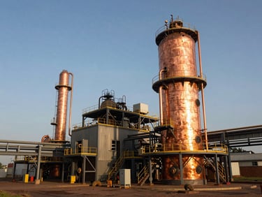 Wide environmental shot of a modern copper processing facility in Zambia, rich copper tones under dramatic golden-hour sunlight, industrial scale