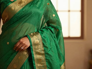 Close-up of elegant emerald green Banarasi silk saree with gold brocade work, soft warm lighting, shallow depth of field