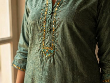 Close-up of hand-block printed cotton kurti fabric, detailed stitching details, soft natural window light