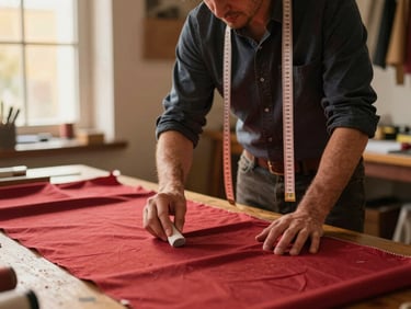 A master tailor at work in a warm-lit workshop, measuring tape draped over shoulders, chalking rich red fabric on a wooden table, soft focus background.