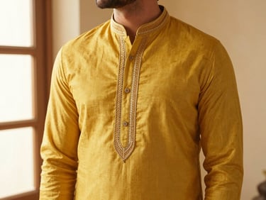 Medium shot of a beautifully tailored modern salwar suit in rich marigold yellow, elegant embroidery details, warm natural light