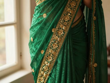 Close-up of intricate gold zari embroidery on a deep emerald green silk saree, soft natural window light highlighting the textile texture
