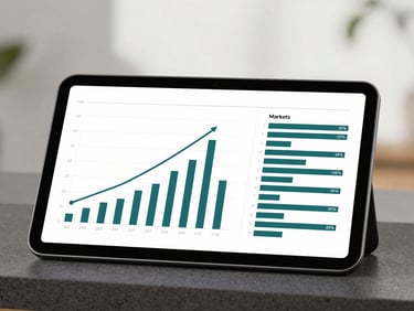 A clean, minimalist dashboard mockup on a tablet screen showing market share scatter plots and competitor positioning grids with deep teal accent lines, bright natural studio lighting