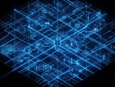 Isometric 3D render of a glowing digital map grid, electric blue coordinate lines pulsing on a deep black background, tech infrastructure style.