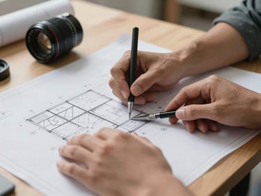 Close-up of hands working on architectural blueprints and project planning tools on a clean wooden table under soft diffused indoor lighting.