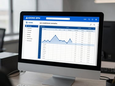 Pantalla de control de cumplimiento normativo en ADONIS BPM, mostrando gráficos de control y matrices de riesgo en una interfaz corporativa limpia.