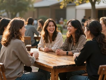 A group of women laughing and talking around a rustic wooden table in an outdoor community space, soft golden hour light