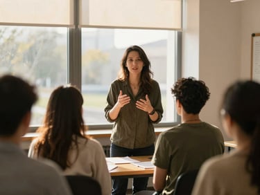 A woman leading a workshop, gesturing warmly to a group of attentive participants, natural window light