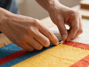 Close-up of hands working together on a colorful textile project, warm daylight, shallow depth of field