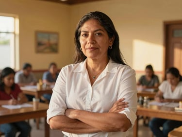 Dignified portrait of a Latin American woman standing confidently in a bright community center, warm golden hour daylight, rich authentic tones, 35mm lens