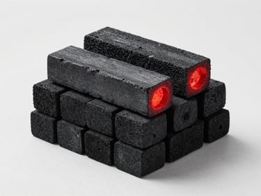 Cubic coconut charcoal briquettes stacked neatly, glowing red embers on one corner, studio product shot