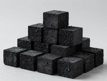 Perfectly cut cubes of natural coconut charcoal stacked neatly on a neutral gray studio surface