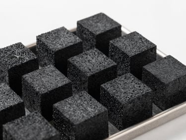 Natural coconut charcoal cubes arranged on a metallic tray, crisp side-lighting, macro detail shot, commercial catalog style