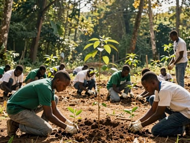 A group of young African volunteers and scientists planting native tree saplings in a cleared forest patch, active community work, warm sunlight