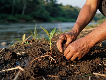 Close-up of local plant roots binding soil along a riverbank, wet dark earth, hands of an eco-engineer measuring soil density, golden hour light