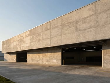 Wide-angle architectural photography of a massive modern concrete logistics terminal, dramatic golden hour light, sharp shadows, warm beige tones