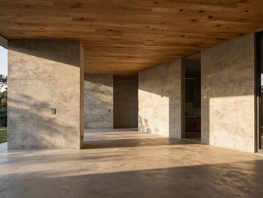Bespoke private residence with raw concrete walls and warm timber ceilings, wide-angle interior, dramatic golden hour light, 35mm