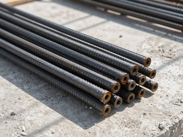 Close-up of structural steel reinforcement bars on a clean construction site, bright daylight casting sharp geometric grid shadows on raw concrete.