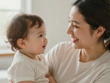 Warm editorial photography of a warm interaction between a smiling caregiver and a toddler, soft natural daylight, gentle muted tones, shallow depth of field